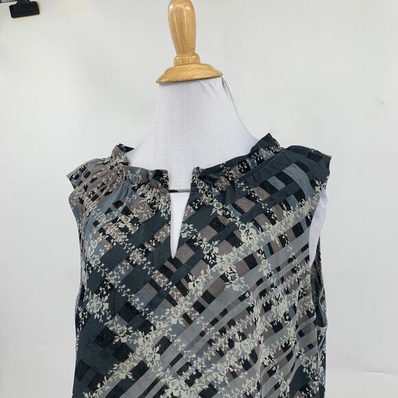 Cabi Top Womens M Medium Plaid Floral Graphic Trellis Ruffled Collar Keyhole Tie - Picture 3 of 13